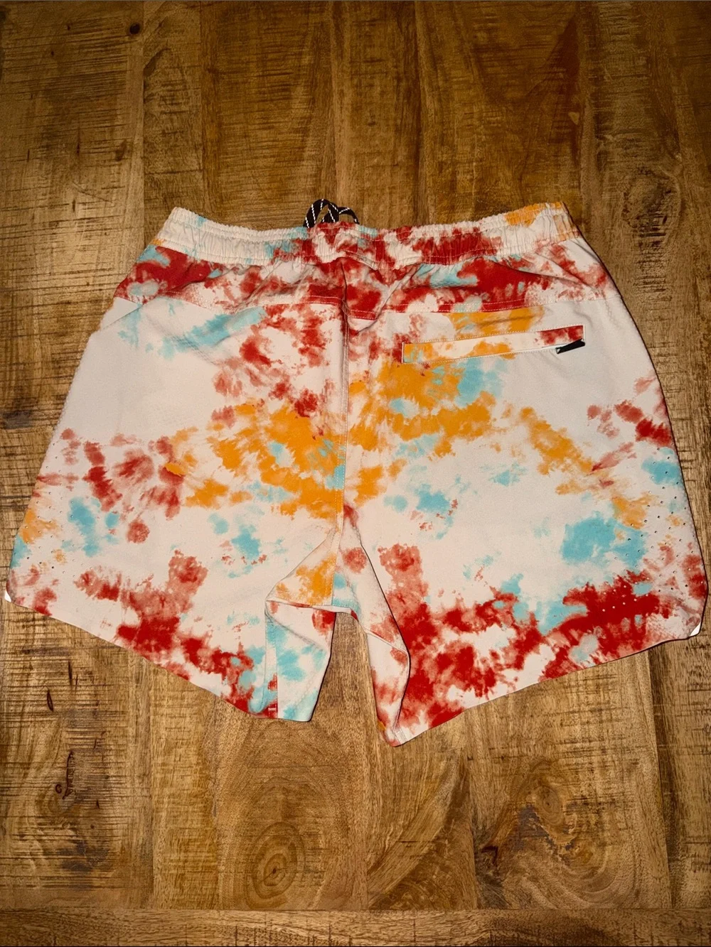 Men’s Tie-Dye Athletic Shorts in Beige with Red, Orange & Blue Accents